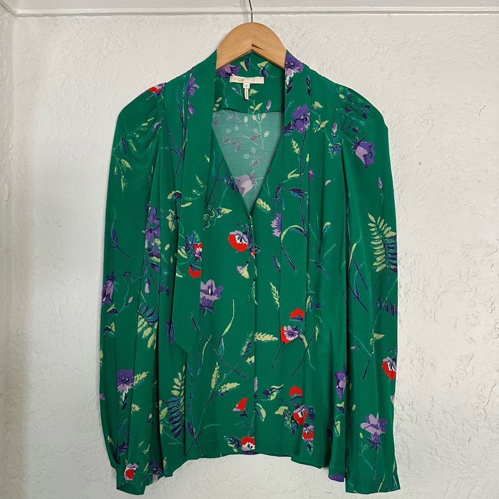 Maje Green Floral Print Tie Blouse, Size 2 (US Size 6)